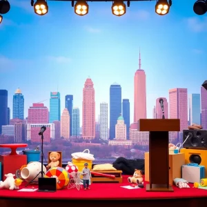 Stand-up comedy scene reflecting the theme of parenthood.