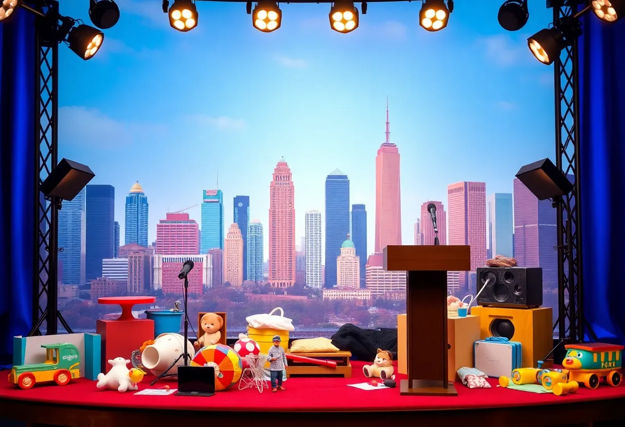 Stand-up comedy scene reflecting the theme of parenthood.