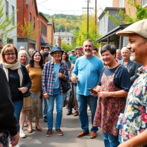 Community scene in Asheville showing local businesses and residents rebuilding after Hurricane Helene.