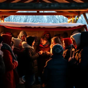 Community members gather at a shelter during winter for warmth and support.
