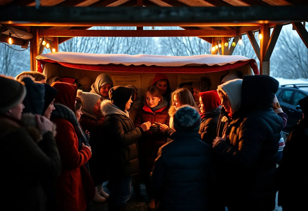 Community members gather at a shelter during winter for warmth and support.