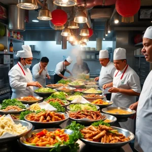 A dynamic kitchen scene with chefs preparing diverse dishes in Asheville.