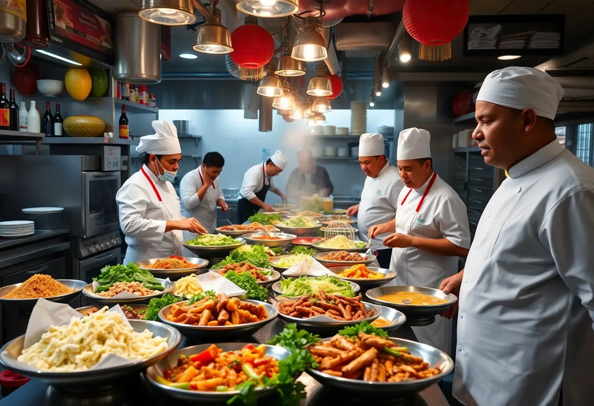 A dynamic kitchen scene with chefs preparing diverse dishes in Asheville.