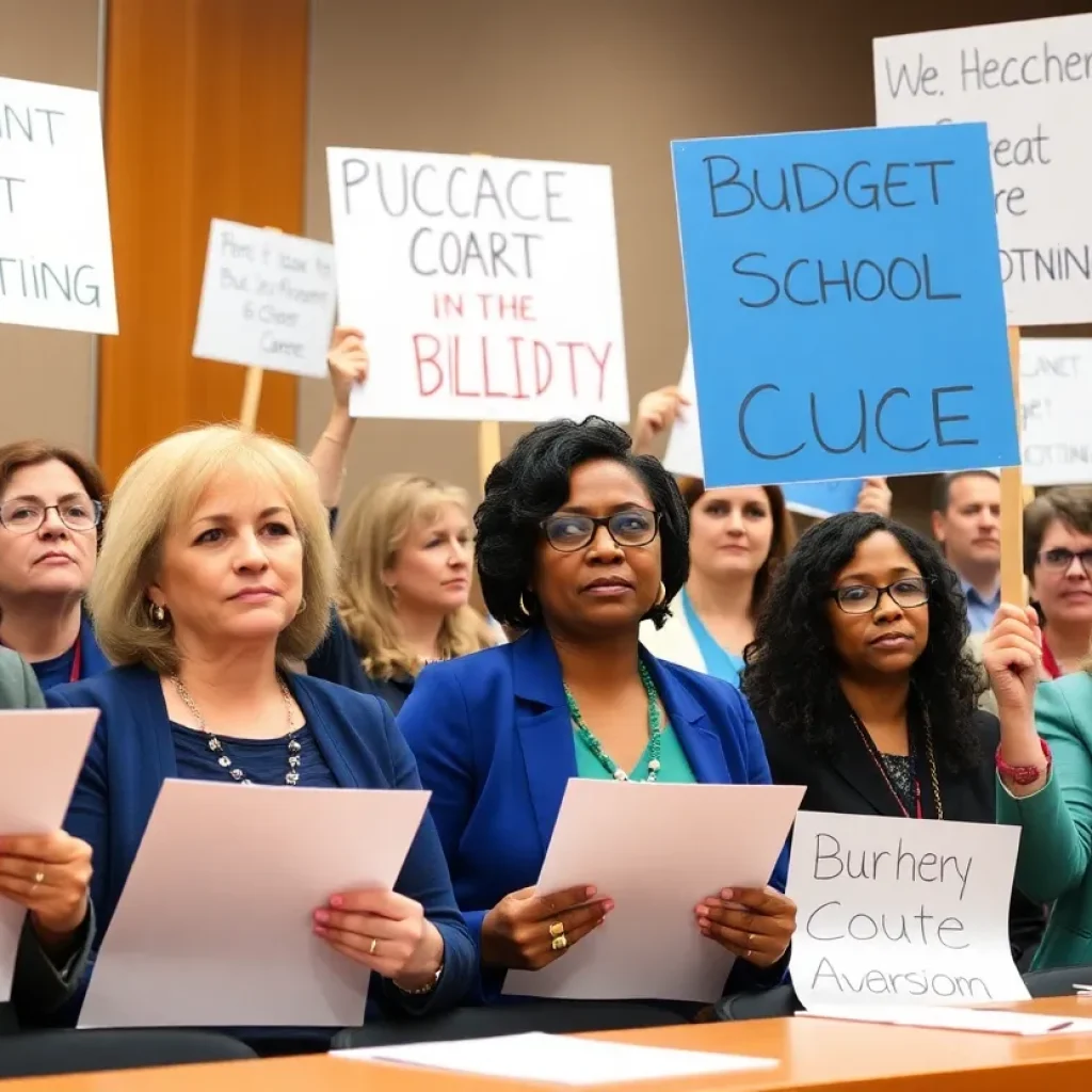 Teachers protesting against budget cuts outside a school board meeting.