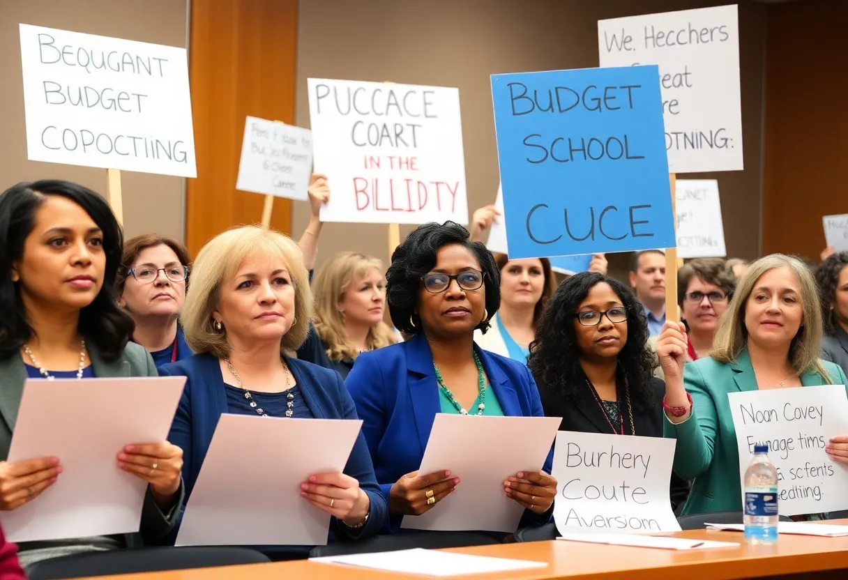 Teachers protesting against budget cuts outside a school board meeting.