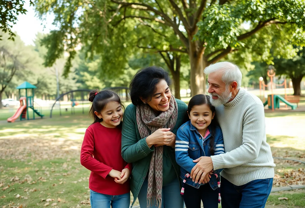 A family bonding in a park after the paid family leave initiative in Asheville.