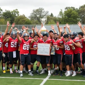High school football team celebrating their championship win.