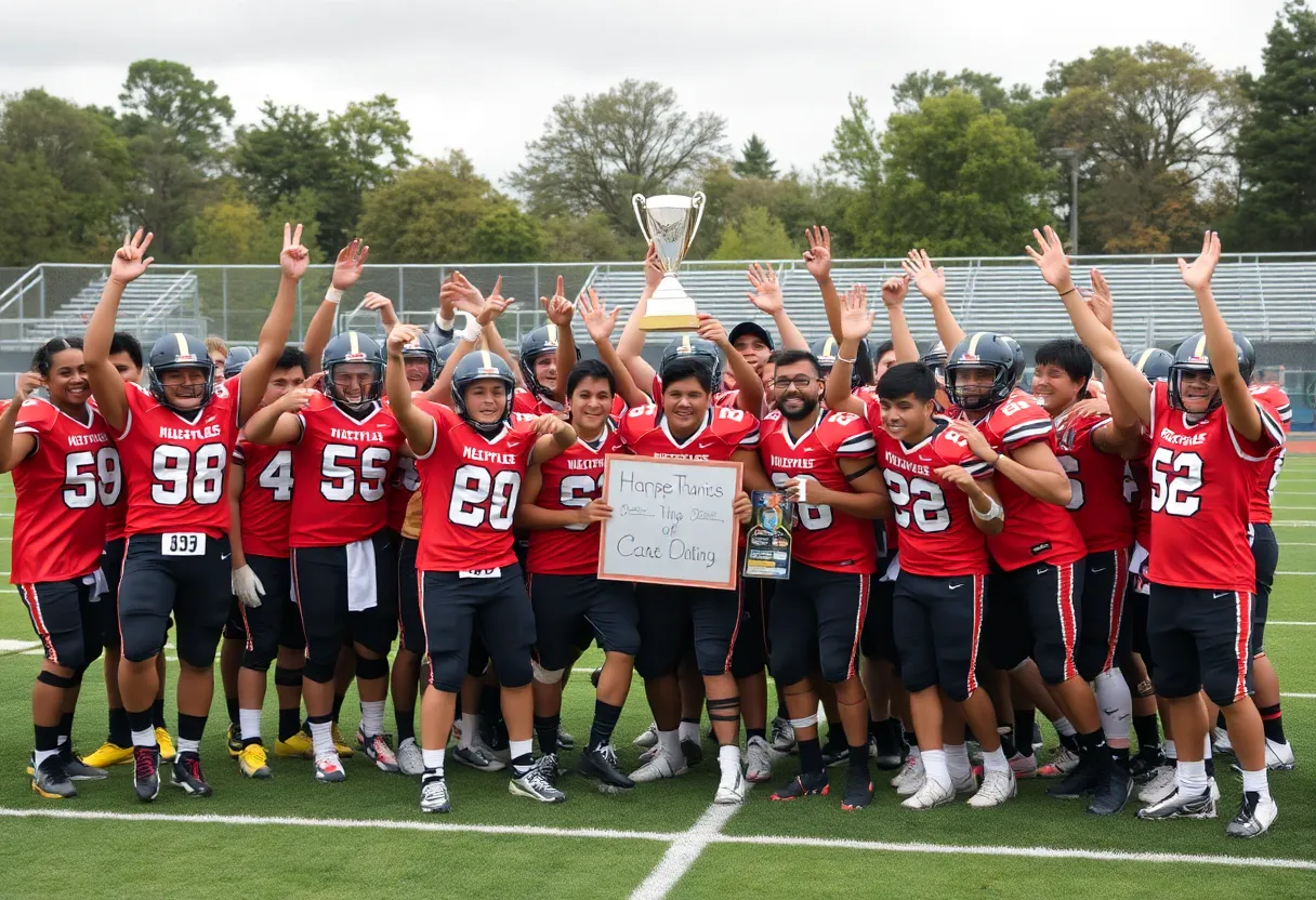 High school football team celebrating their championship win.