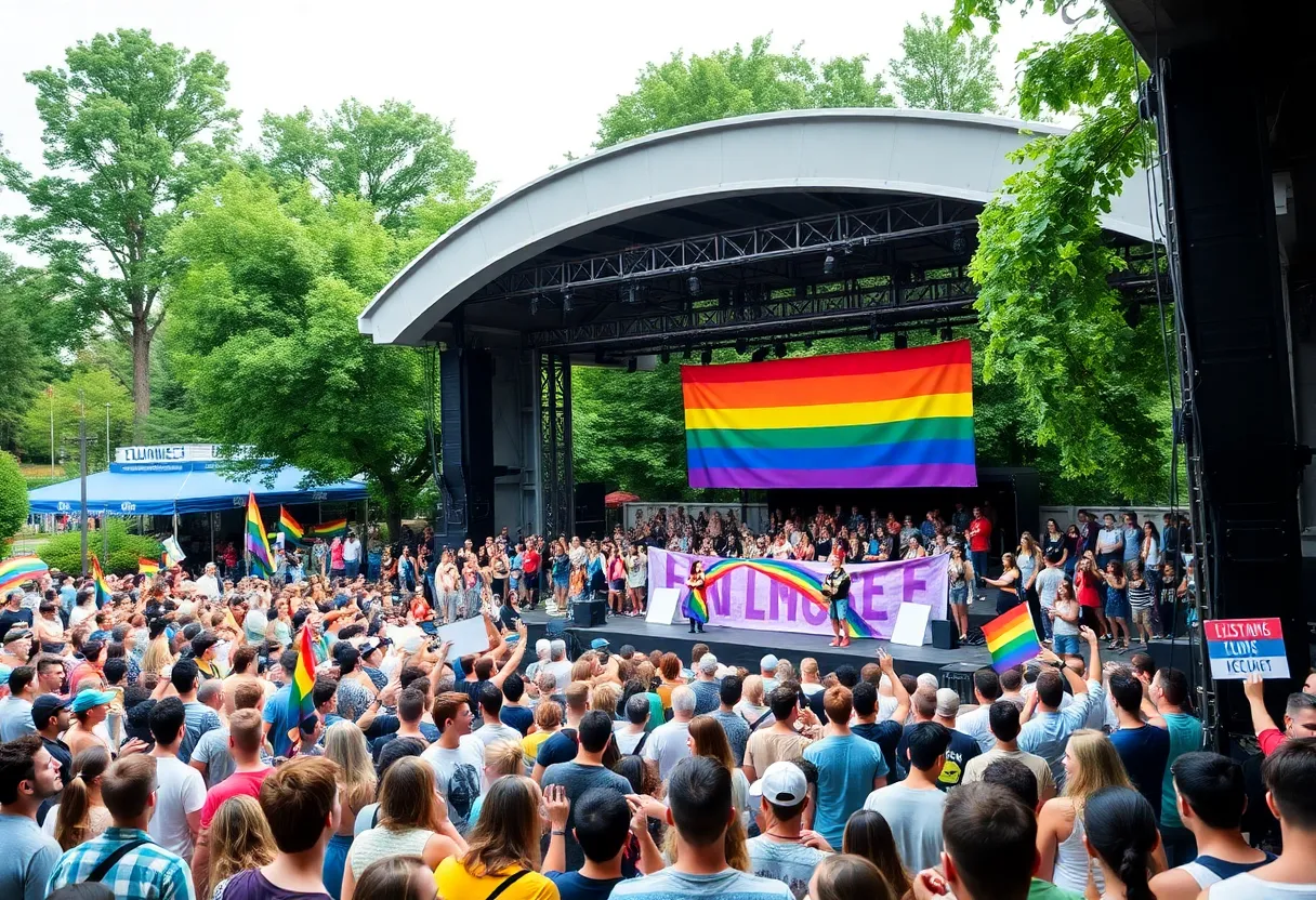 Crowd celebrating at the Asheville Gay Men's Chorus 25th anniversary event at Hazel Robison Amphitheater.