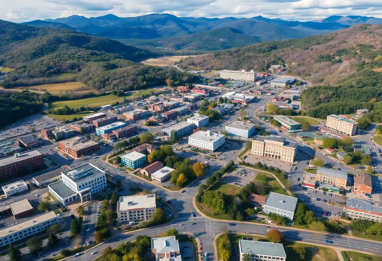 Aerial view of Asheville healthcare sector showcasing hospital and medical facilities