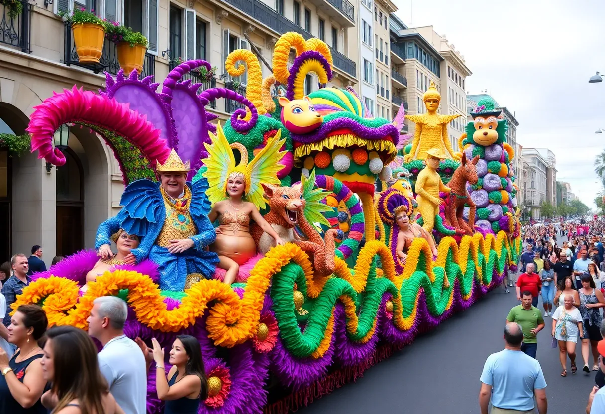 Mardi Gras parade in Asheville showing colorful floats and costumes.