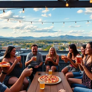 People enjoying food and drinks at the Asheville pizza celebration.