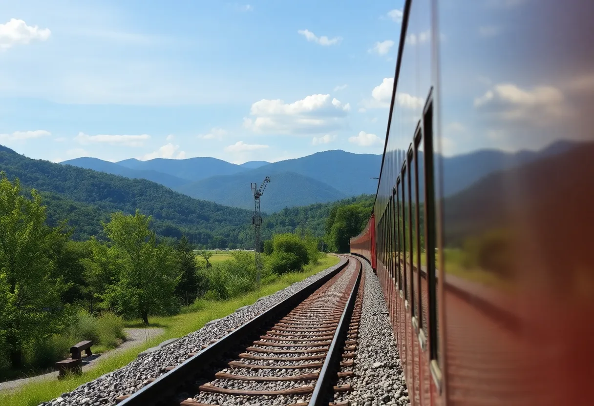 Train approaching Asheville rail line in a beautiful landscape