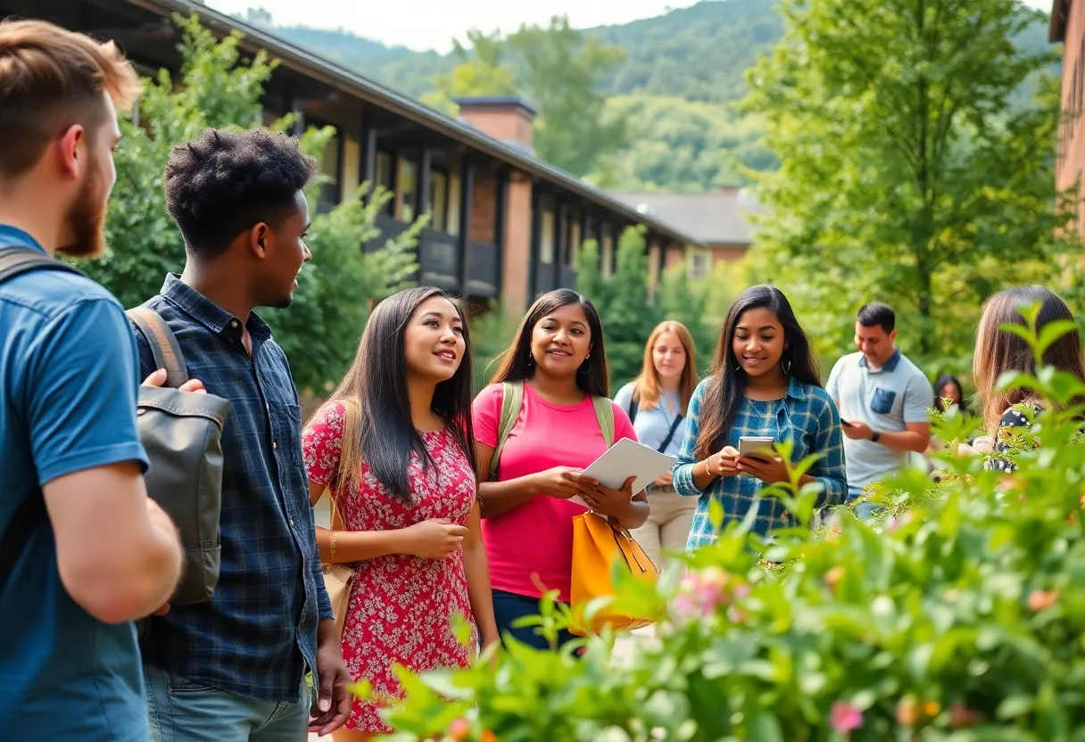 Students on a college campus participating in a resilience grant program discussion.