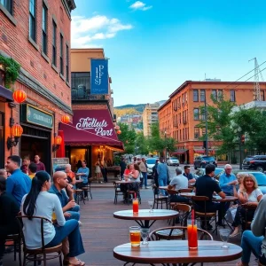 People dining at an outdoor cocktail bar in Asheville