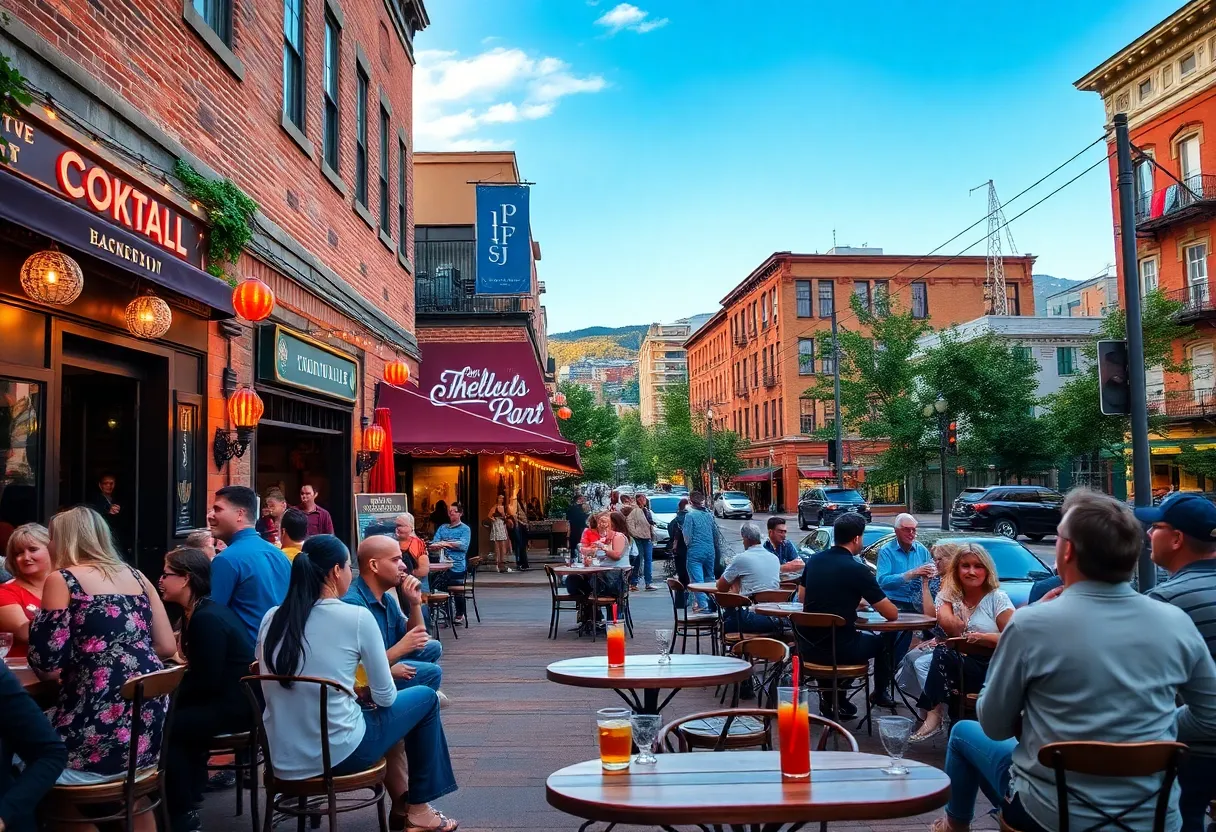 People dining at an outdoor cocktail bar in Asheville