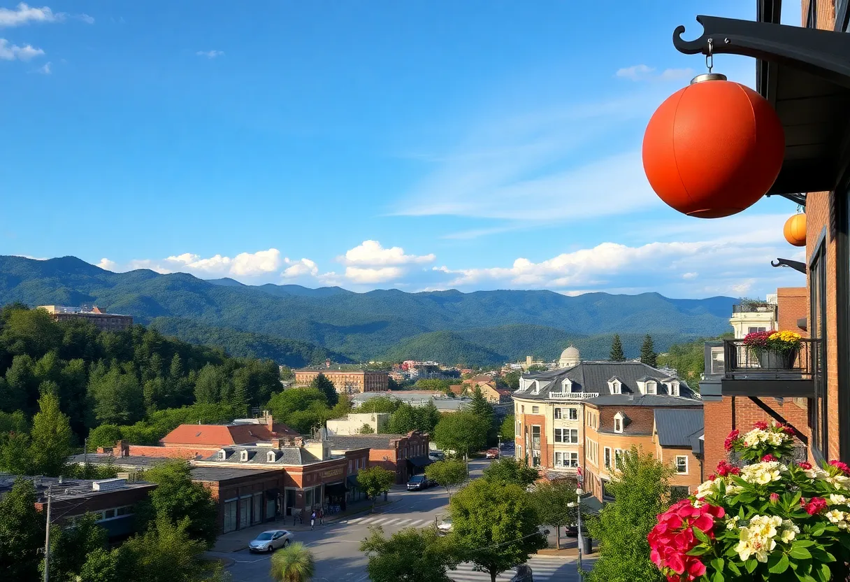 Vibrant view of Asheville, North Carolina with mountains and breweries