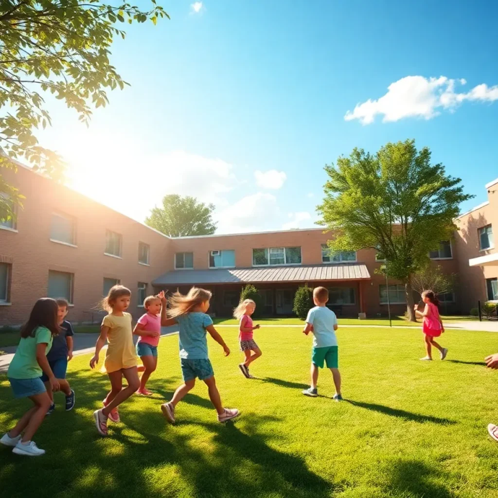 Children enjoying summer playtime outside school buildings in Asheville
