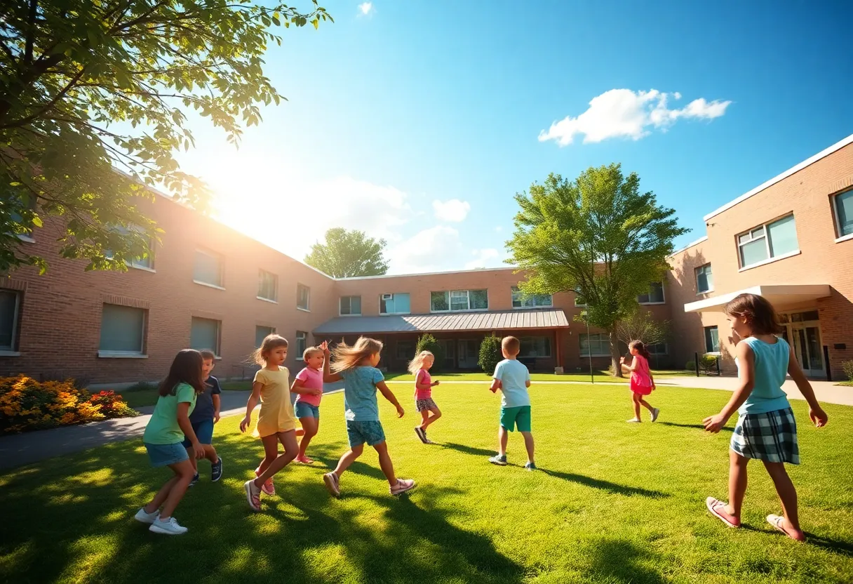 Children enjoying summer playtime outside school buildings in Asheville