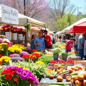 Asheville spring market with fresh flowers and produce