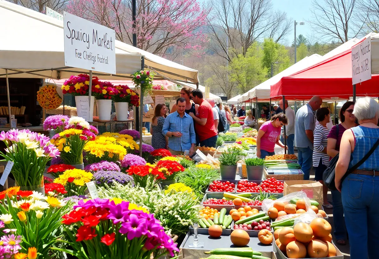 Asheville spring market with fresh flowers and produce