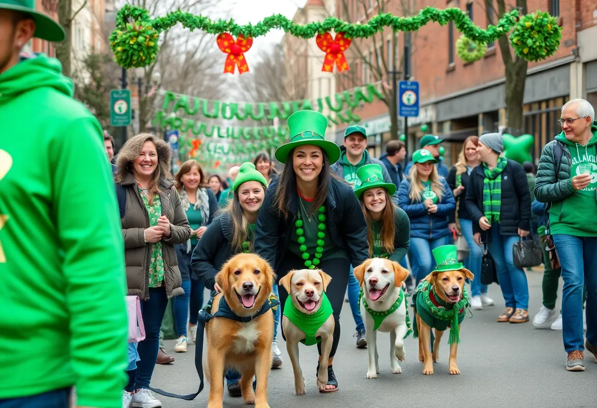 Festive crowd celebrating St. Patrick's Day in Asheville