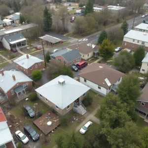 Aerial view of Asheville showing hurricane damage