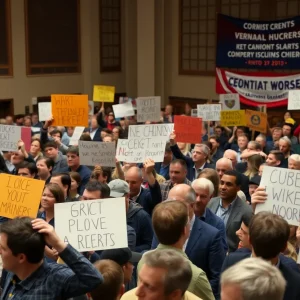 Crowd at Asheville Town Hall meeting with signs