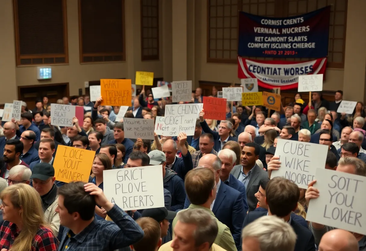Crowd at Asheville Town Hall meeting with signs
