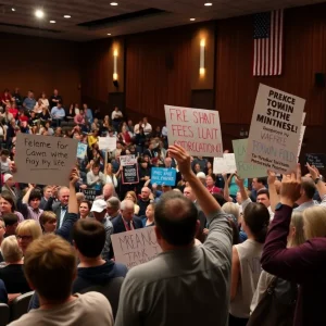 Crowd of protesters outside an auditorium during a town hall meeting in Asheville