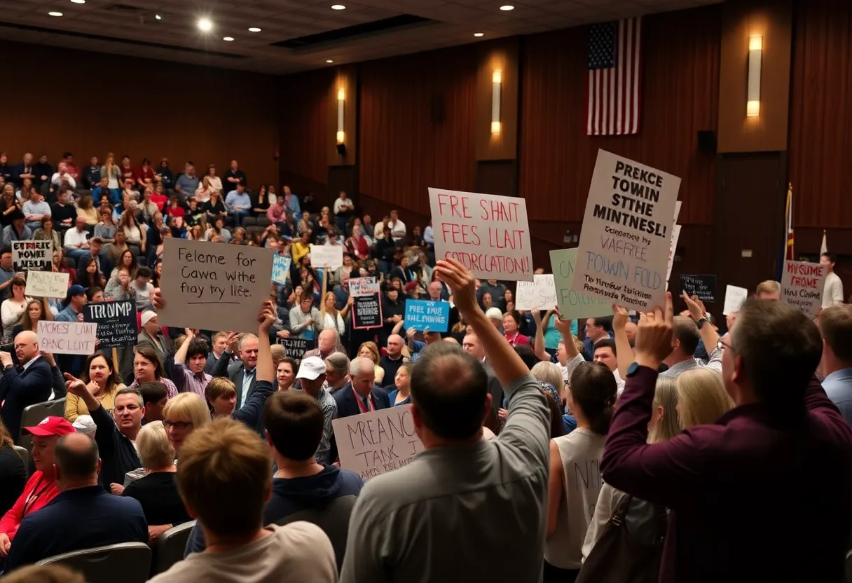 Crowd of protesters outside an auditorium during a town hall meeting in Asheville