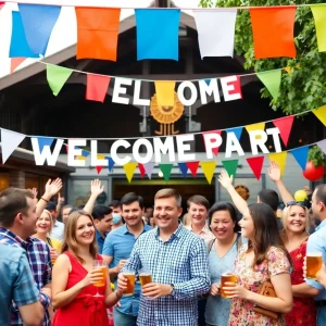 A lively welcome party in Asheville celebrating Tony Prieto with decorations and happy guests.