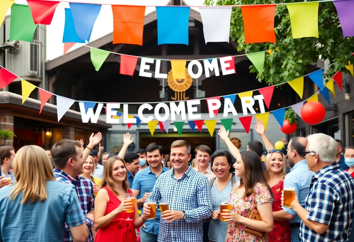 A lively welcome party in Asheville celebrating Tony Prieto with decorations and happy guests.