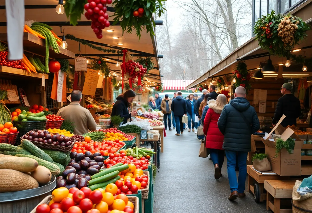 A scene from Asheville's winter farmers' market with fresh produce and local vendors.
