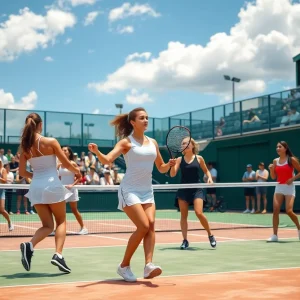Women competing in a tennis match with enthusiastic fans in the background.