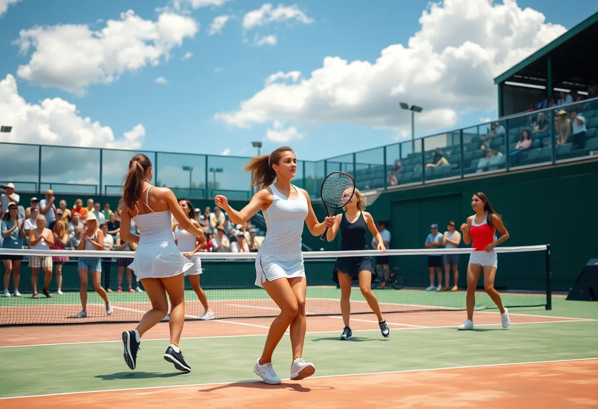 Women competing in a tennis match with enthusiastic fans in the background.