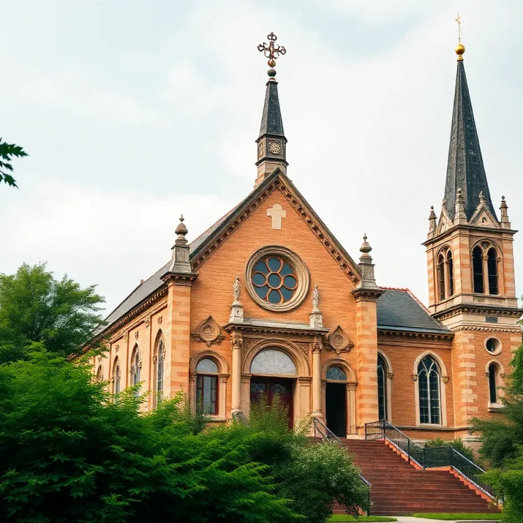 Exterior view of the Basilica of St. Lawrence in Marion, North Carolina.