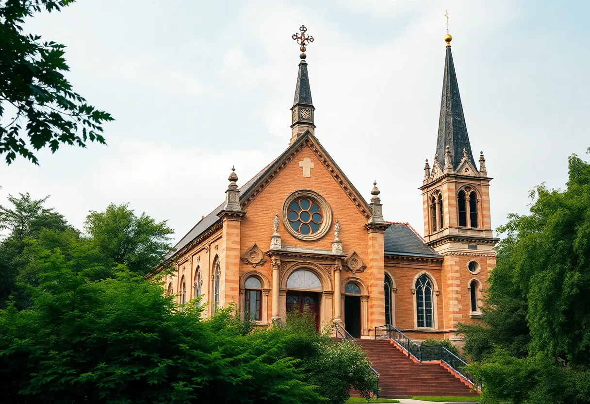 Exterior view of the Basilica of St. Lawrence in Marion, North Carolina.