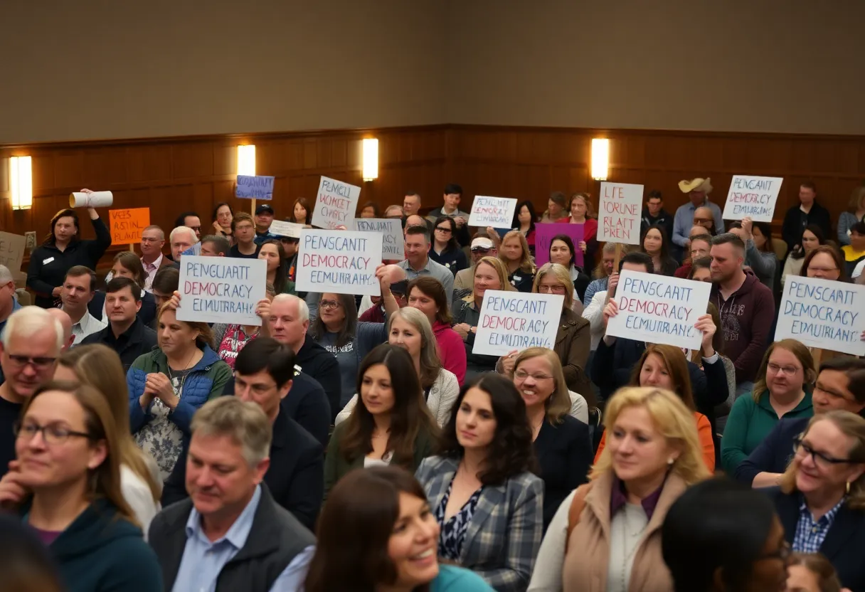 Town hall meeting with attendees rallying for Democratic activism.