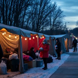 Community volunteers at Code Purple emergency shelter in Asheville providing assistance to homeless individuals during winter