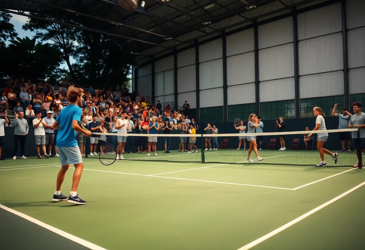Players competing in a college tennis match with cheering fans in the background.
