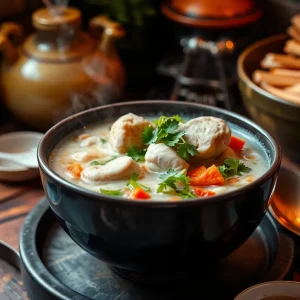 Steaming bowl of congee with toppings in a cozy kitchen setting