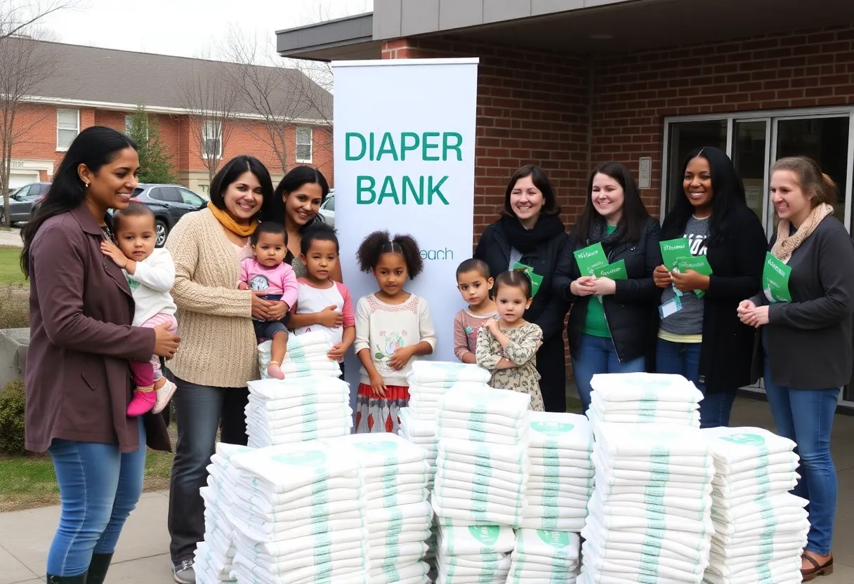 Community members gathering at the opening of a diaper bank in Buncombe County.