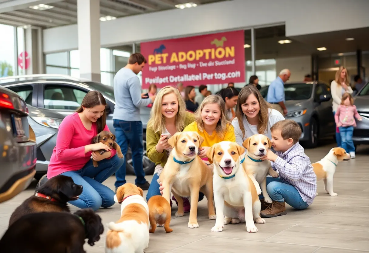 Families engaging with puppies at a dog adoption event.