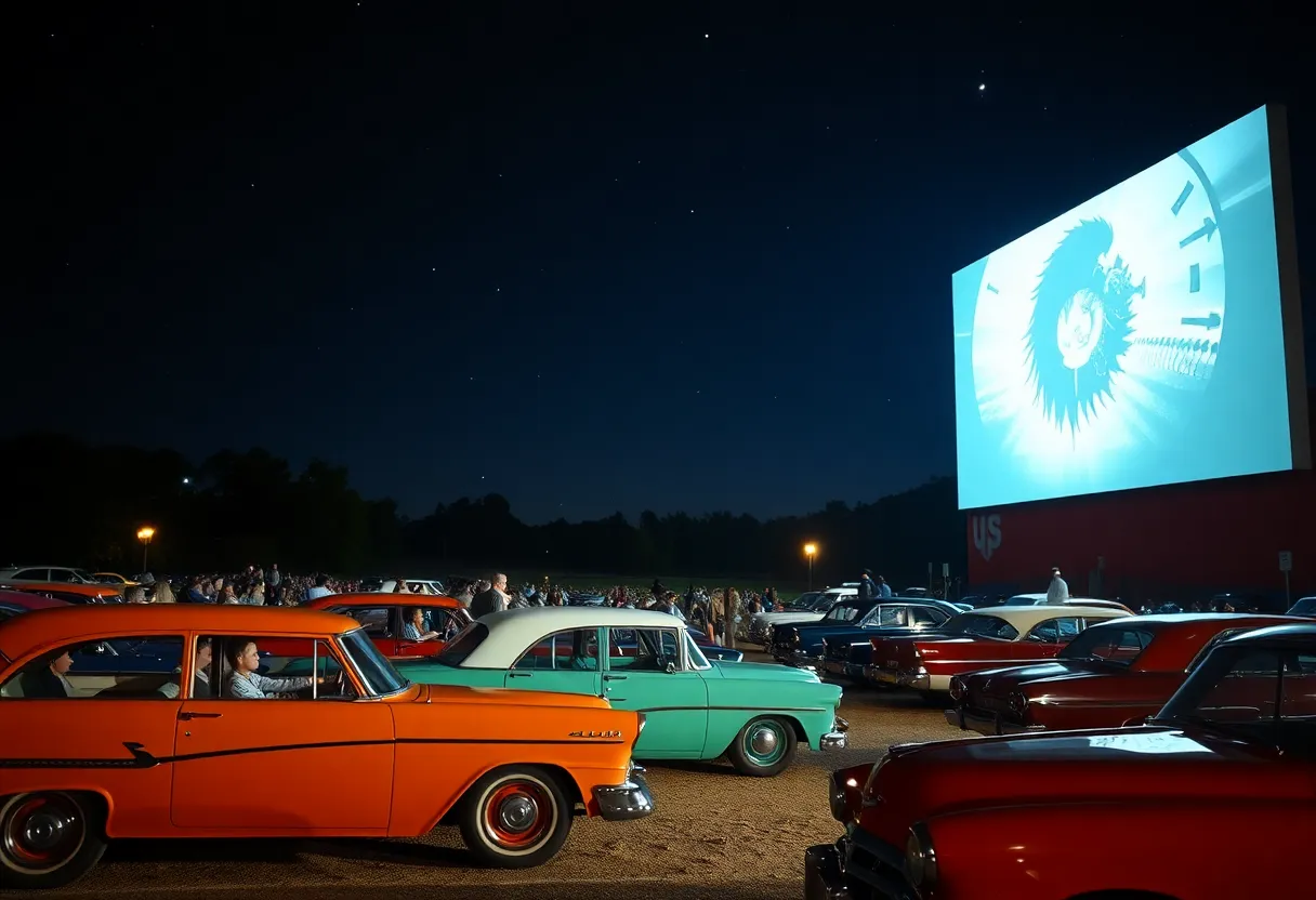 Families enjoying a movie at a vintage drive-in theater under the stars
