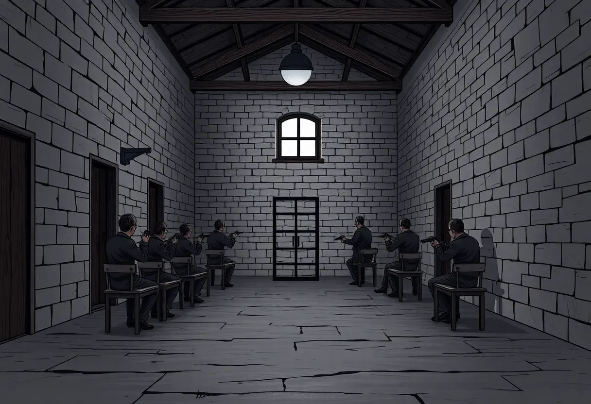 An illustration of a prison setting symbolizing the firing squad execution method.