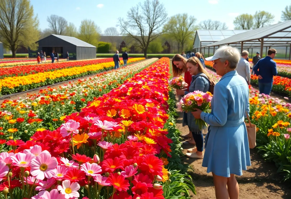 Visitors picking flowers at a colorful farm in Greenville, SC