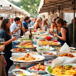 People enjoying food at an outdoor festival in Asheville, NC.