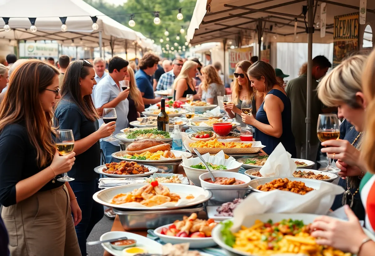 People enjoying food at an outdoor festival in Asheville, NC.
