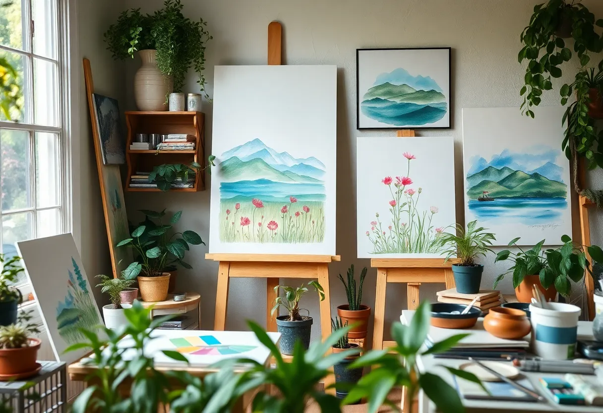 Artistic space filled with watercolor painting supplies and nature-inspired artwork